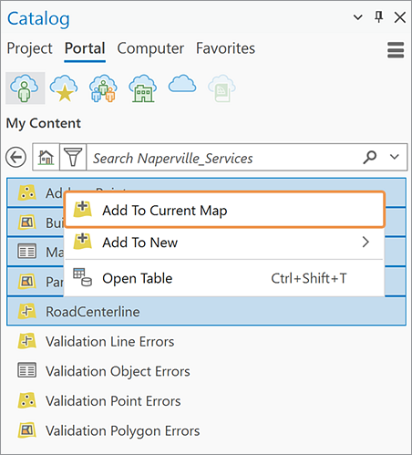Catalog pane with Add To Current Map selected Catalog pane with Add To Current Map selected